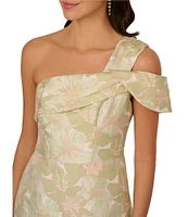 Adrianna Papell One Shoulder Asymmetrical Neckline Floral Jacquard A-Line Gown