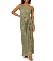 Adrianna Papell One Shoulder Metallic Knit Sleeveless Front Ruched Gown