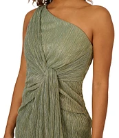 Adrianna Papell One Shoulder Metallic Knit Sleeveless Front Ruched Gown