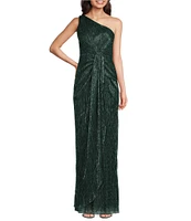 Adrianna Papell One Shoulder Metallic Knit Sleeveless Front Ruched Gown