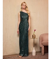 Adrianna Papell One Shoulder Metallic Knit Sleeveless Front Ruched Gown