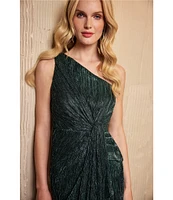 Adrianna Papell One Shoulder Metallic Knit Sleeveless Front Ruched Gown