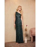 Adrianna Papell One Shoulder Metallic Knit Sleeveless Front Ruched Gown