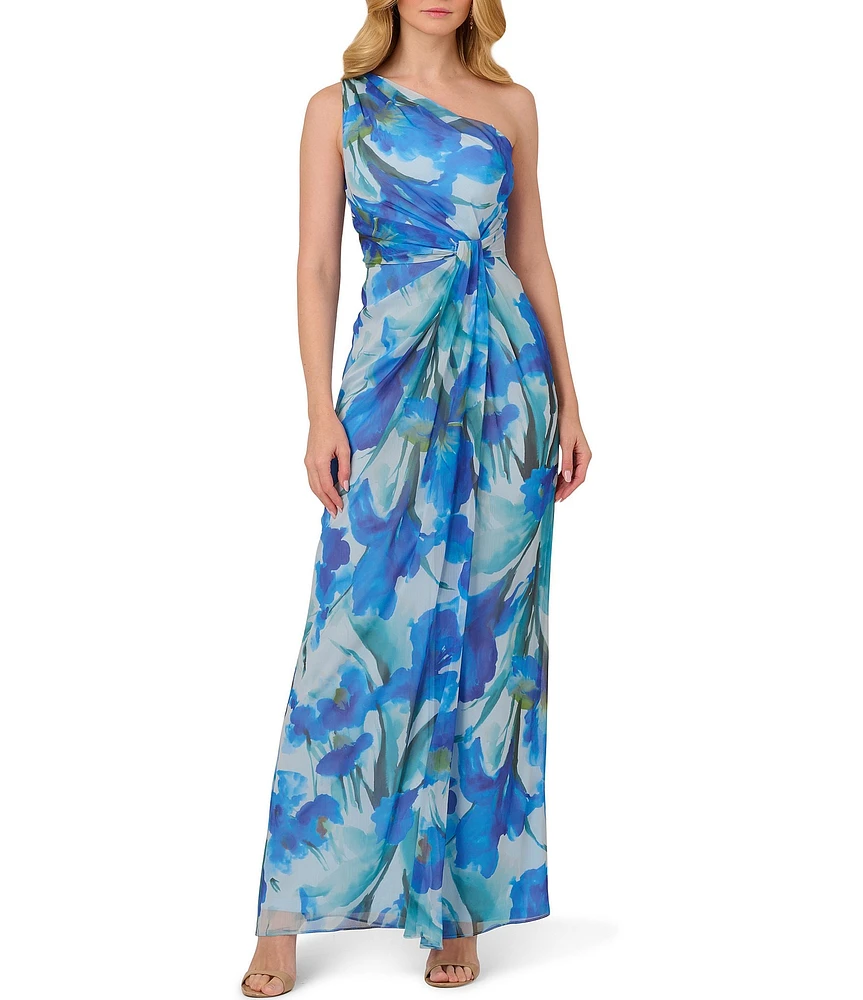 Adrianna Papell One Shoulder Sleeveless Floral Chiffon Drape Waist Sheath Gown