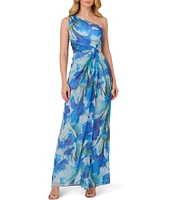Adrianna Papell One Shoulder Sleeveless Floral Chiffon Drape Waist Sheath Gown