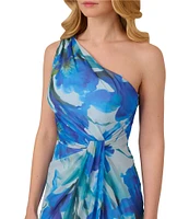 Adrianna Papell One Shoulder Sleeveless Floral Chiffon Drape Waist Sheath Gown