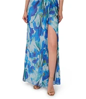 Adrianna Papell One Shoulder Sleeveless Floral Chiffon Drape Waist Sheath Gown