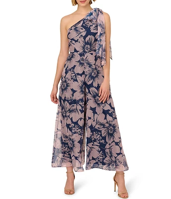 Adrianna Papell One Shoulder Sleeveless Floral Organza Wide Leg Jumpsuit