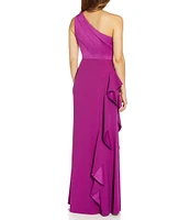 Adrianna Papell One Shoulder Sleeveless Cascading Ruffle Draped Mermaid Gown