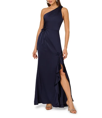 Adrianna Papell One Shoulder Stretch Satin Ruffle Front Sheath Gown