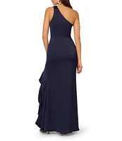 Adrianna Papell One Shoulder Stretch Satin Ruffle Front Sheath Gown
