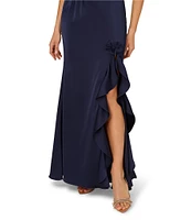 Adrianna Papell One Shoulder Stretch Satin Ruffle Front Sheath Gown