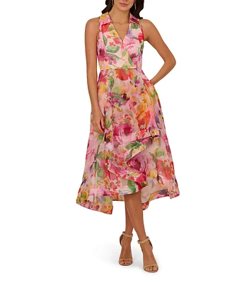 Adrianna Papell Organza Floral Print V Neck Sleeveless Ruffle A-Line Midi Dress