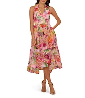 Adrianna Papell Organza Floral Print V Neck Sleeveless Ruffle A-Line Midi Dress