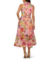 Adrianna Papell Organza Floral Print V Neck Sleeveless Ruffle A-Line Midi Dress