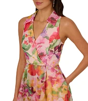Adrianna Papell Organza Floral Print V Neck Sleeveless Ruffle A-Line Midi Dress