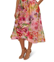 Adrianna Papell Organza Floral Print V Neck Sleeveless Ruffle A-Line Midi Dress