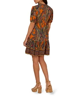 Adrianna by Adrianna Papell Paisley Print Split V-Neck Short Puff Sleeve Ruffle Trim Button Front Mini Dress