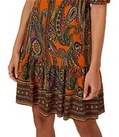 Adrianna by Adrianna Papell Paisley Print Split V-Neck Short Puff Sleeve Ruffle Trim Button Front Mini Dress