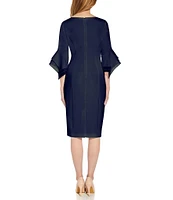 Adrianna Papell Petite Size 3/4 Bell Sleeve Boat Neck Stretch Crepe Knit Sheath Dress