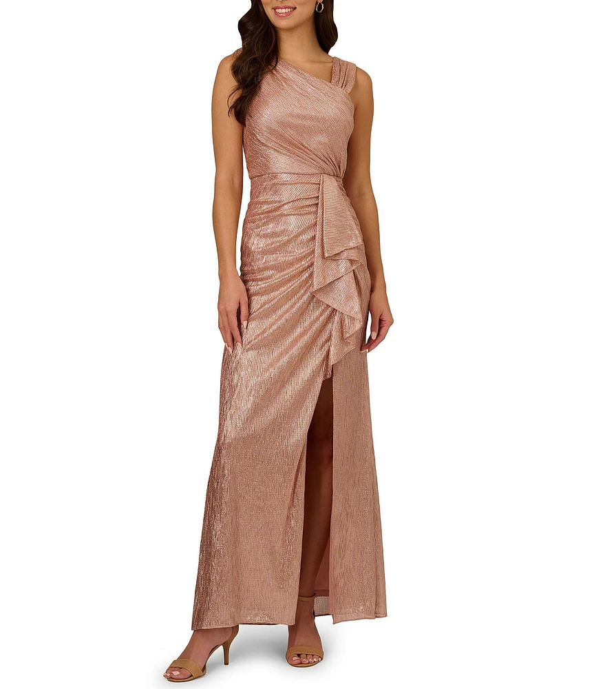 Adrianna Papell Petite Size Asymmetrical Neck Sleeveless Metallic Foil Gown