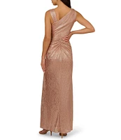 Adrianna Papell Petite Size Asymmetrical Neck Sleeveless Metallic Foil Gown