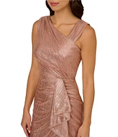 Adrianna Papell Petite Size Asymmetrical Neck Sleeveless Metallic Foil Gown