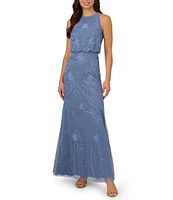 Adrianna Papell Petite Size Beaded Halter Neck Sleeveless Blouson Gown