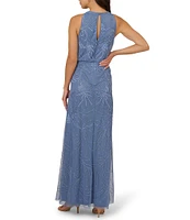 Adrianna Papell Petite Size Beaded Halter Neck Sleeveless Blouson Gown