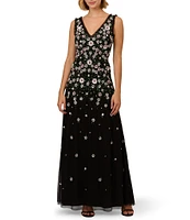 Adrianna Papell Petite Size Beaded V-Neck Sleeveless A-Line Gown