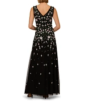 Adrianna Papell Petite Size Beaded V-Neck Sleeveless A-Line Gown