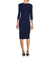 Adrianna Papell Petite Size Contrast Trim Boat Neck 3/4 Sleeve Tie Waist Crepe Dress