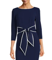 Adrianna Papell Petite Size Contrast Trim Boat Neck 3/4 Sleeve Tie Waist Crepe Dress