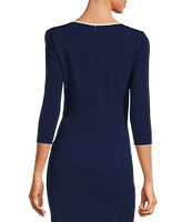 Adrianna Papell Petite Size Contrast Trim Boat Neck 3/4 Sleeve Tie Waist Crepe Dress