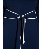 Adrianna Papell Petite Size Contrast Trim Boat Neck 3/4 Sleeve Tie Waist Crepe Dress