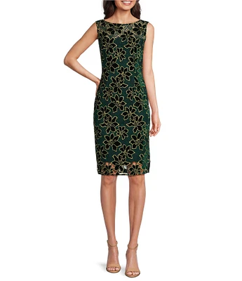 Adrianna Papell Petite Size Floral Metallic Lace Boat Neck Sleeveless Sheath Dress