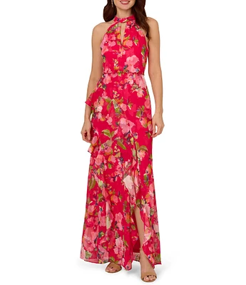 Adrianna Papell Petite Size Halter Neck Floral Print Ruffled Dress