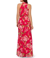 Adrianna Papell Petite Size Halter Neck Floral Print Ruffled Dress