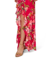 Adrianna Papell Petite Size Halter Neck Floral Print Ruffled Dress