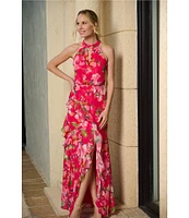 Adrianna Papell Petite Size Halter Neck Floral Print Ruffled Dress