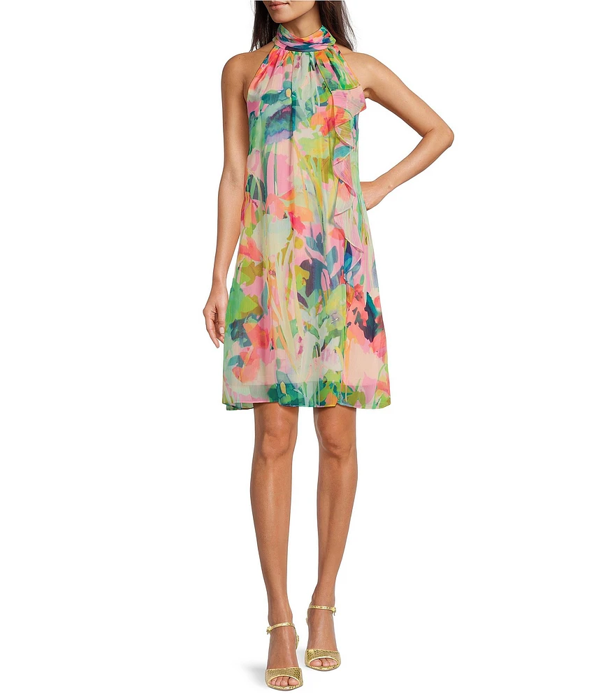Adrianna Papell Petite Size Mock Neck Abstract Floral Chiffon Shift Dress