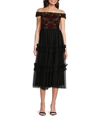 Adrianna Papell Petite Size Off-the-Shoulder Beaded Velvet and Tulle Gown