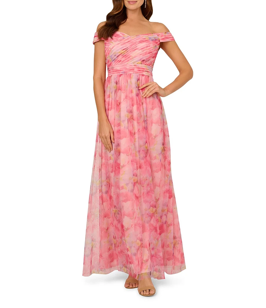 Adrianna Papell Petite Size Off-the-Shoulder Printed Tulle A-Line Dress