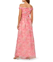 Adrianna Papell Petite Size Off-the-Shoulder Printed Tulle A-Line Dress