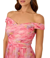 Adrianna Papell Petite Size Off-the-Shoulder Printed Tulle A-Line Dress