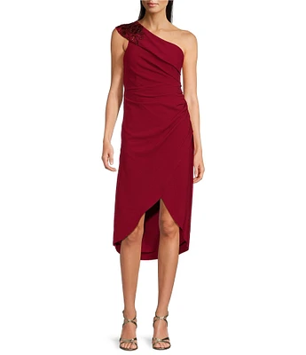 Adrianna Papell Petite Size One Shoulder Beaded Crepe Wrap Midi Dress