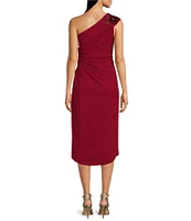 Adrianna Papell Petite Size One Shoulder Beaded Crepe Wrap Midi Dress