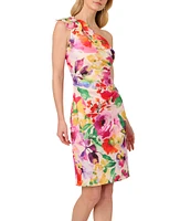 Adrianna Papell Petite Size Scuba Floral Print One Shoulder Neck Sleeveless Sheath Midi Dress