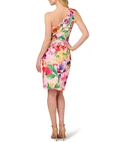 Adrianna Papell Petite Size Scuba Floral Print One Shoulder Neck Sleeveless Sheath Midi Dress