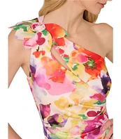 Adrianna Papell Petite Size Scuba Floral Print One Shoulder Neck Sleeveless Sheath Midi Dress